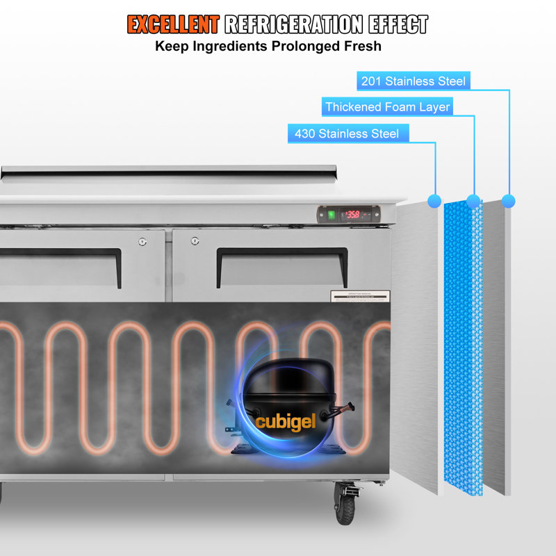 48'' Stainless Steel Double-Door Sandwich Prep Refrigerator