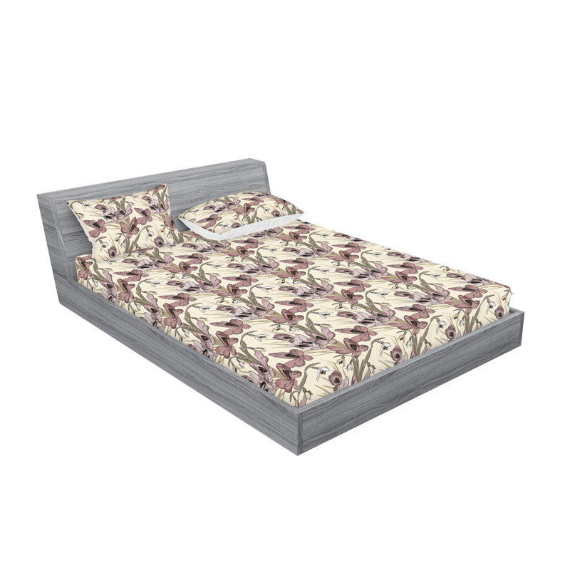 Ambesonne Fitted Sheet & Shams, Sage Green/Dried Rose Floral, King Sheet Set with 2 Pillowcases