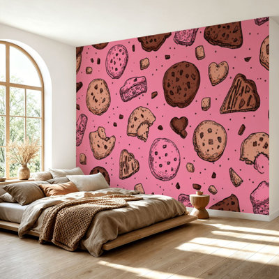 Wall Mural Peel and Stick Wallpaper Chocolate Chip Cookies doodle seamless Cartoon Self-Adhesive Removable Contact Paper Wall Decor for Living Room Bedroom 69"H x 96"W