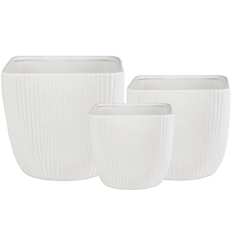 Ensemble de trois pots en céramique avec corps en forme de colonne brossée et fond effilé au fini blanc mat