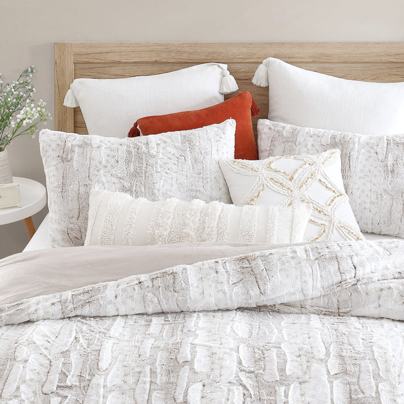 Ivory Snow Leopard Faux Fur King Comforter Set