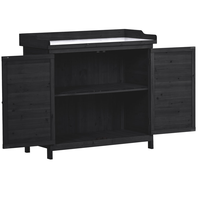 Banc de rempotage extérieur 39 po, poste de travail en bois rustique avec armoire de rangement et crochet latéral, Noir