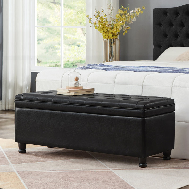 Meshell Linen Blend Upholstered Storage Bench, Black Duplicate