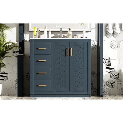 36 po, meuble-lavabo de salle de bain, lavabo en céramique, construction en bois massif, haute qualité, 3 tiroirs, charnières à fermeture en douceur, rangement abondant, style rétro, poignées exquises, glissière de tiroir lisse, simple à