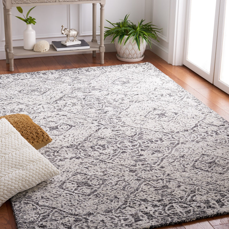 Bathsheba Hand Tufted Wool/Bamboo Silk/Cotton Geometric Rug in Ivory/Black, Rectangle 5' x 8'