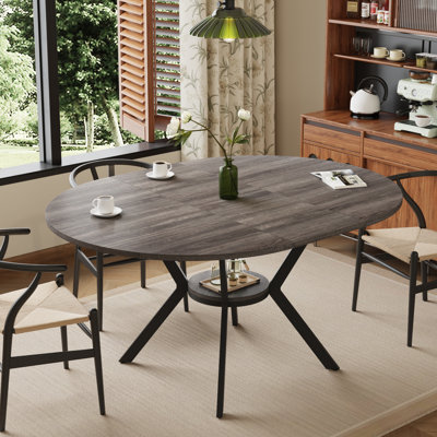 42.5-58.2 Inch Extendable Round Dining Table With Storage Shelf For 4-6 People