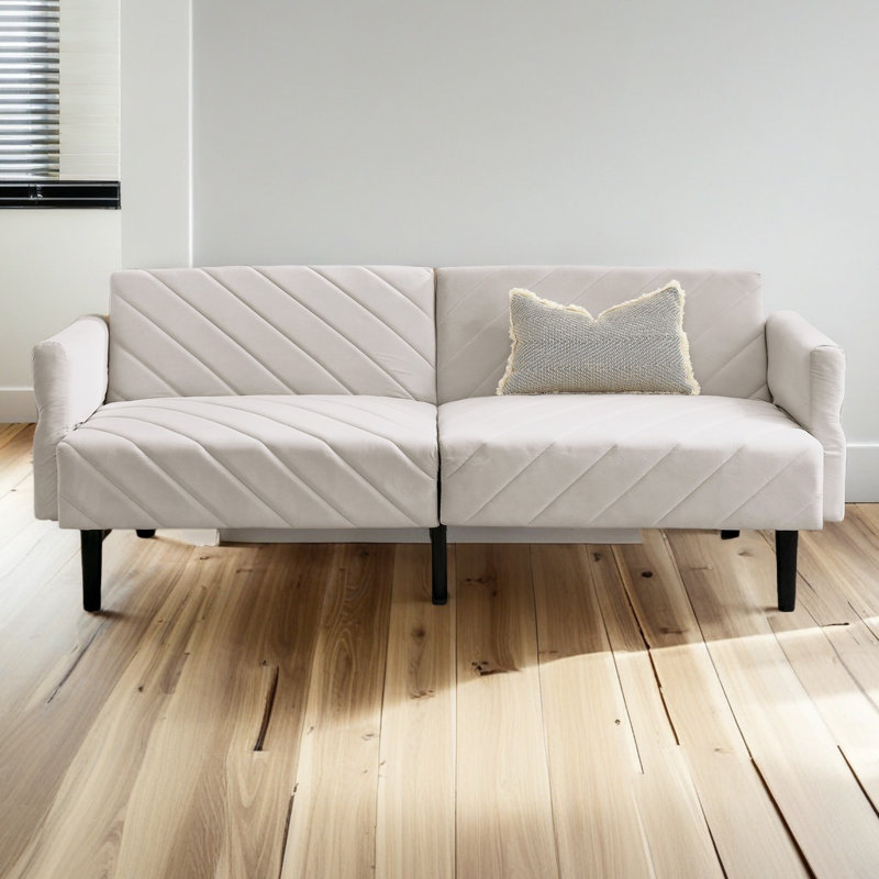 Canapé-lit en velours pliable convertible avec accoudoirs réglables, Velours beige