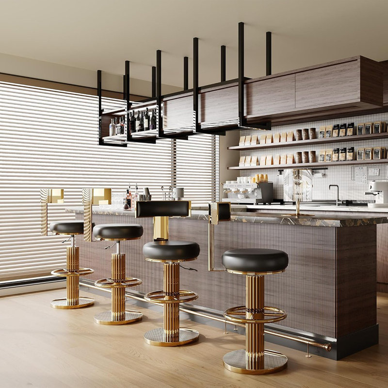 Tabourets de bar pivotants réglables avec structure en acier inoxydable doré et coussin de siège en cuir, hauteur comptoir / îlot, noir