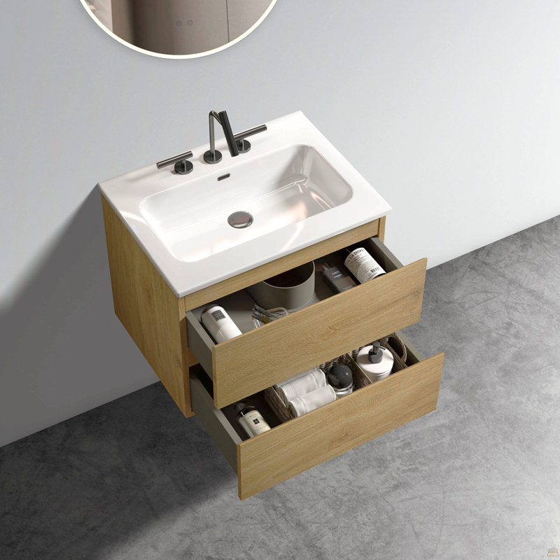 Meuble-lavabo mural en chêne naturel de 24 po avec lavabo en céramique avec trois trous de robinet, grand meuble-lavabo flottant de rangement pour salle de bain moderne, lavabo une pièce sans drain, pré-assemblé