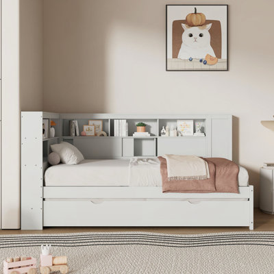 Lit de jour simple en bois avec tablettes de rangement, USB et lit gigogne