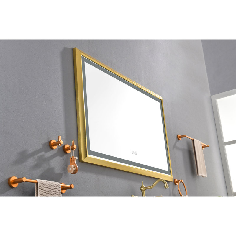 Miroir de salle de bain mural 48 po x 30 po à DEL avec cadre en aluminium, brouillard, mémoire, 3 couleurs, réglage continu de la luminosité, artisanat exquis, finition or brossé