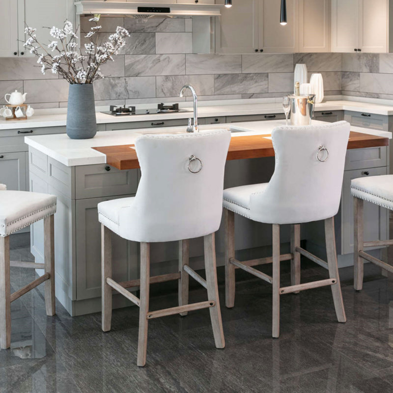 Contemporary Velvet Upholstered Barstools With Button Tufted Decoration And Wooden Legs, And Chrome Nailhead Trim, Leisure Style Bar Chairs,Bar Stools, Set Of 2 (Beige),SW2002BG(Dining Set)