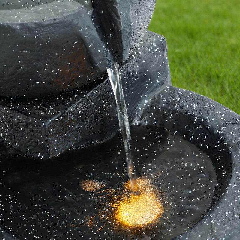 Fontaine d'extérieur à DEL de 29 pouces de style Terrazzo avec bols en cascade et polyrésine durable