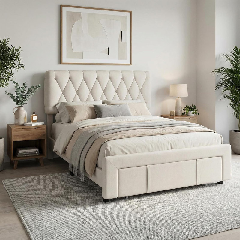 Structure de lit simple avec plateforme rembourrée, tiroirs de rangement, support à lattes en bois, silencieux, aucun sommier requis, assemblage facile, beige