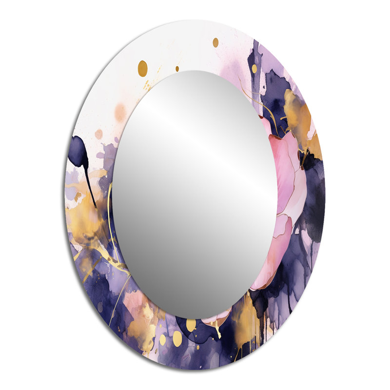 Plantes roses et mauves dans le chaos - Grand miroir mural ovale sur métal, 40 po x 30 po