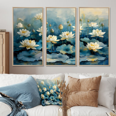 White Blue Lotus Pond Reflections - Lotus Wall Art Set
