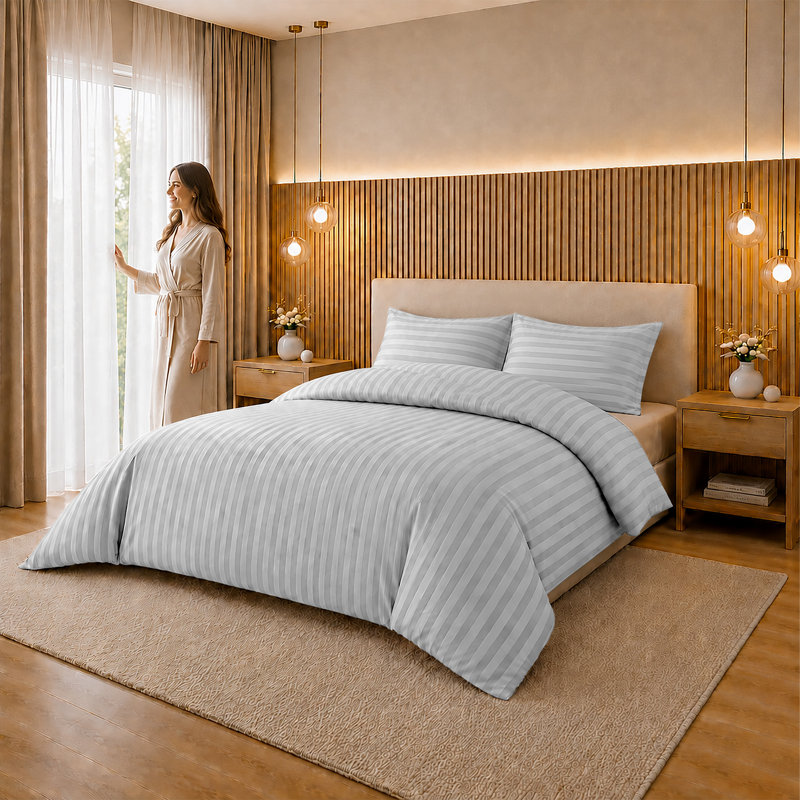 Microfiber Striped Duvet Cover Set with Pillowcases Included, Silver Striped, Double Duvet Cover Set + 2 Standard Pillowcases