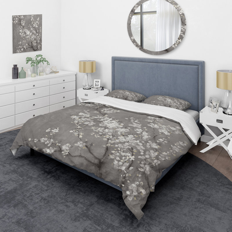 Floral Duvet Cover Set - Cherry Blossoms II Farmhouse, King Duvet Cover + 2 Shams