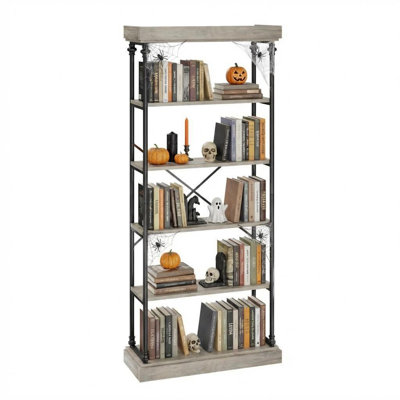 Bibliothèque industrielle à 6 niveaux, bibliothèque ouverte, cadre en métal et présentoir en bois, étagère de rangement rétro pour bureau à domicile, salon et bureau à domicile