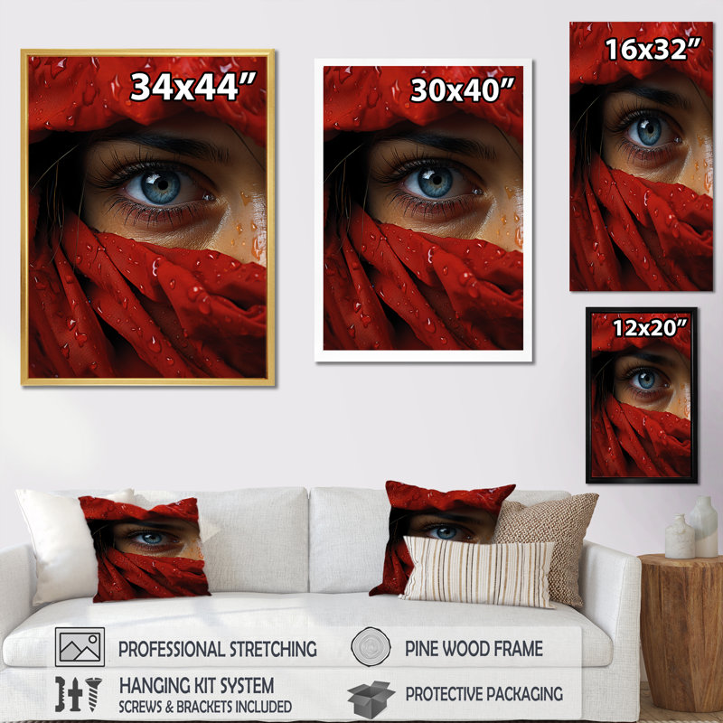 «Crimson Courage Woman Eye», reproduction d'art sur toile, Cadre doré simple, H 44 po x l 34 po x P 1,5 po
