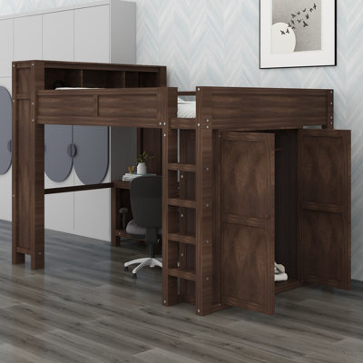 Lit mezzanine avec garde-robe intégrée, bureau et tête de lit avec rangement, solution complète pour économiser de l'espace