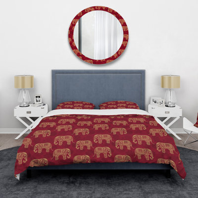 Indian Elephants On Red - Bohemian Duvet Cover Set - Microfiber Polyester