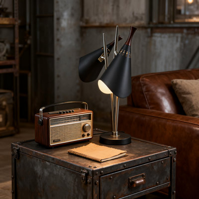 2-Light Desk Lamp With Adjustable Brightness, Brushed Steel Base And Black Shades For Home Office, Bedroom Or Living Room Lighting