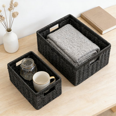 Hand-Woven Paper Rope Storage Baskets, Set Of 3 Stackable Organizer Bins With Handles For Shelves, Closet, Bathroom, And Home Decor