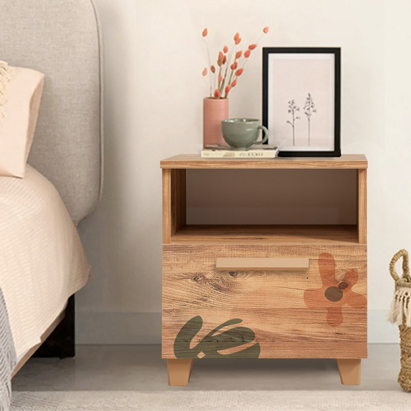Stylish Nightstand with Flower Concept, Atlantic Pine Color, 17.7 x 20.5 x 15.7 inches | 100% Melamine Coated Particle Board, PVC Edge Banding, MDF Handles, Wall-Mountable, Extra Storage, Modern Design