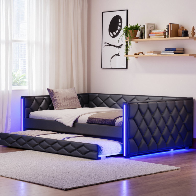Lit de jour moderne en polyuréthane revêtu de polyuréthane avec couchette et accoudoirs à DEL, Noir