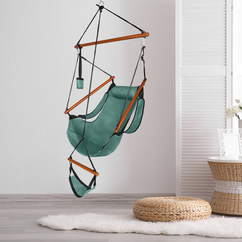 Chaise suspendue en tissu vert Oxford avec barres d'écartement en bois franc perforé, porte-gobelet et capacité de charge de 100 kg - idéale pour les cours intérieures, les cours en bord de mer et les cours extérieures