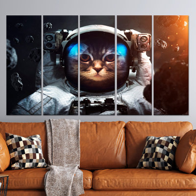 Astronaut Cat Canvas Art: Printed Animal Glass Wall Decor,5P Wrapped Canvas
