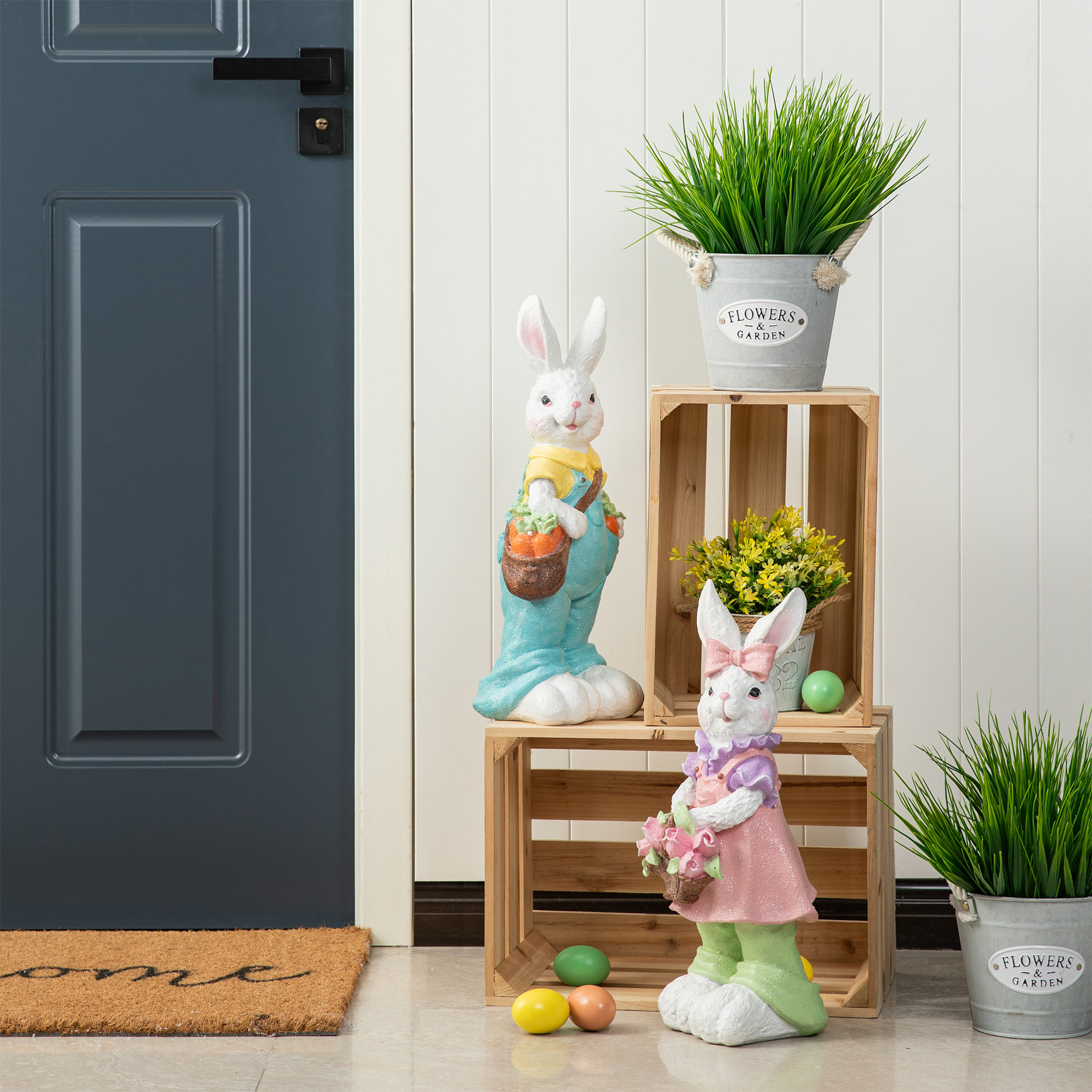 17.5"H Easter Resin Bunny Girl Table Decor With Flower Basket