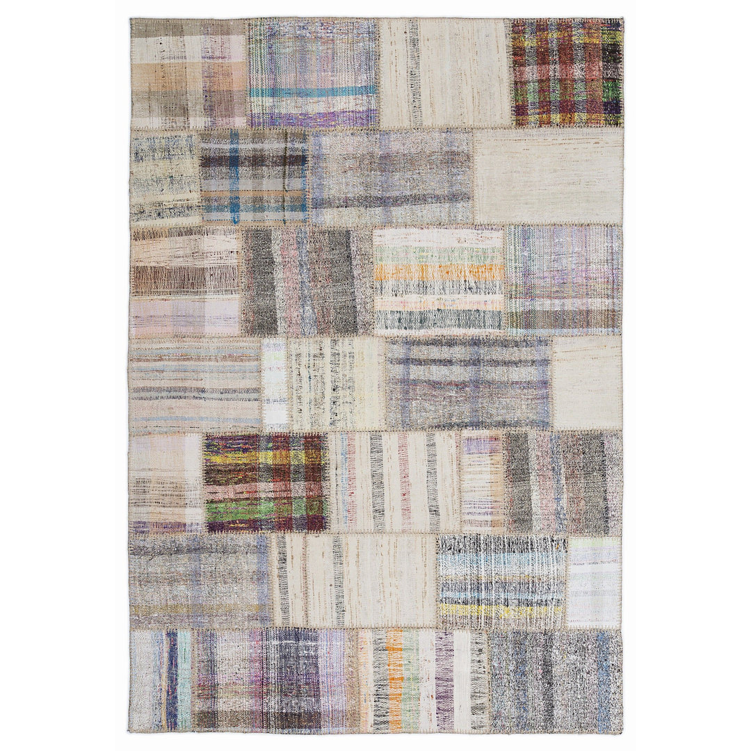Teselya Beige Striped Wool Handmade Area Rug