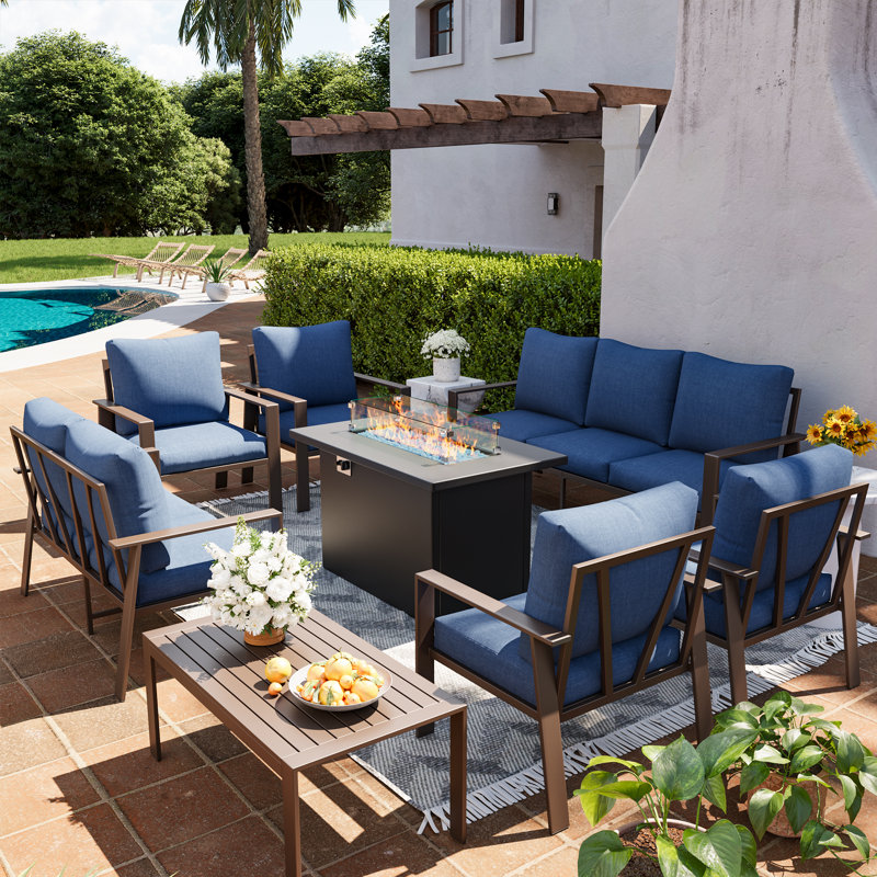 9 Person Sofa Seating Group With Coffee Table, Navy, Yes