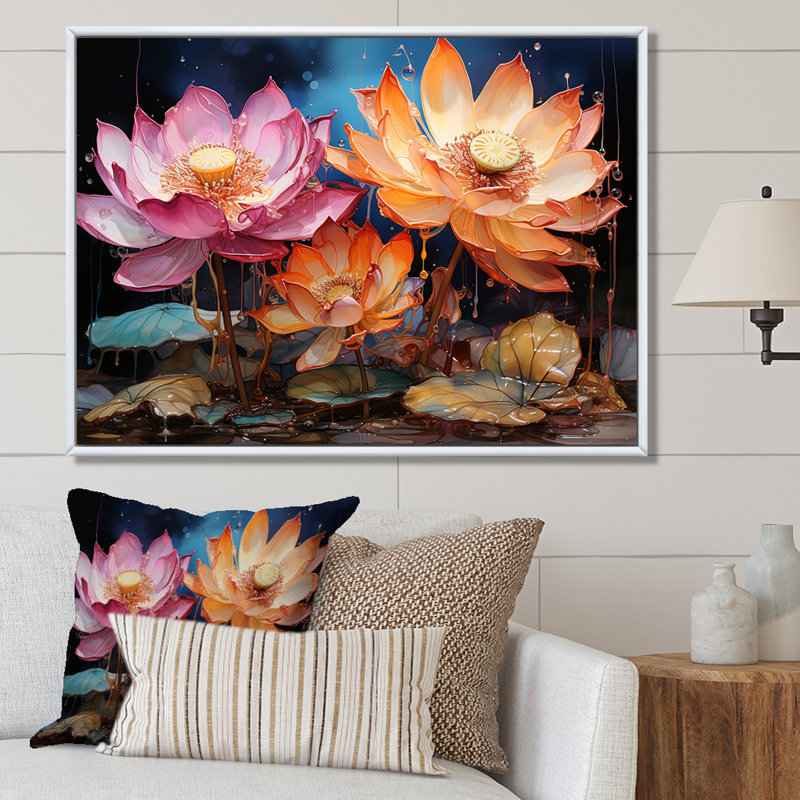 «Lotus Expressionist Vitality I», reproduction sur toile, Cadre flottant blanc, H 24 po x l 32 po x P 1 po