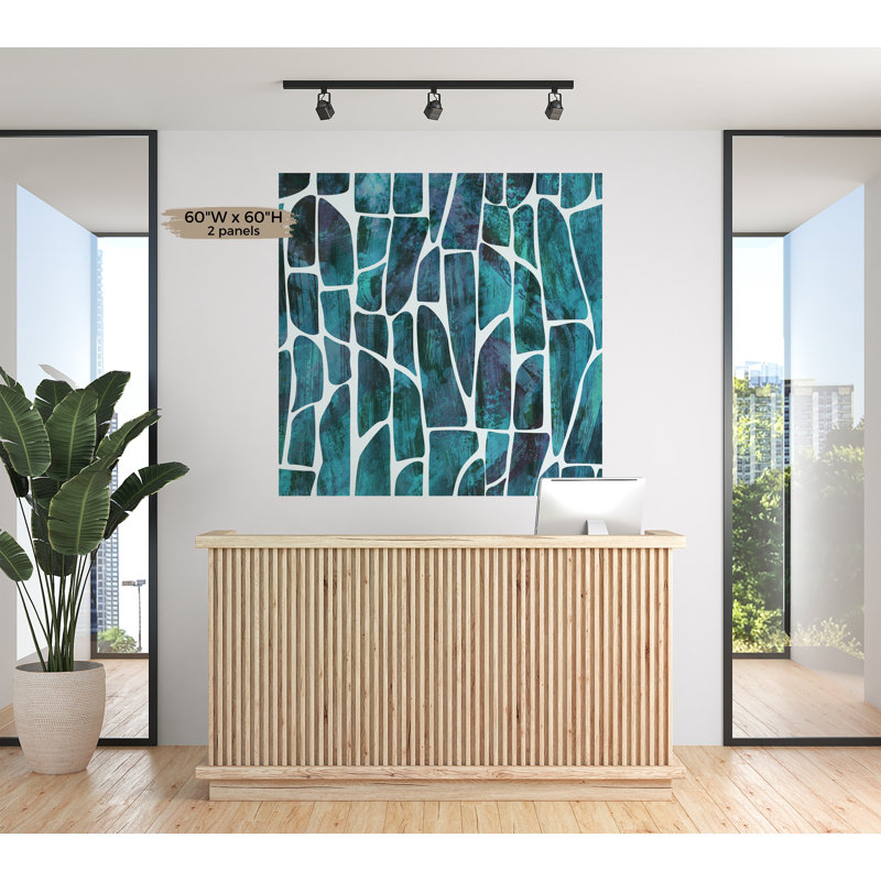 Murale abstraite Peel & Stick Laithen - motif géométrique bleu, L 108 po x l 120 po