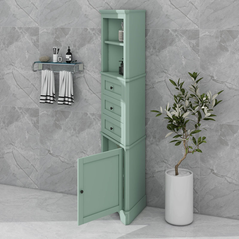 Triangular Corner Cabinet With Triple Drawers And Customizable Shelves, Green