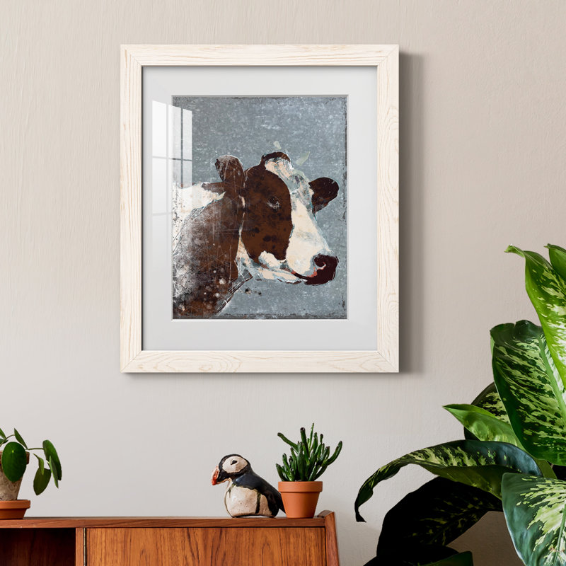 Vache sur métal galvanisé - peinture encadrée, Toile blanche encadrée, H 20 po x l 17 po x P 1,5 po