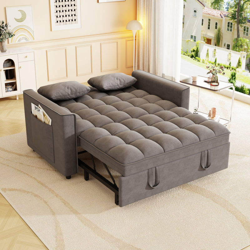 Sleeper Sofa Couch W/Pull Out Bed,  Modern Velvet Convertible Sleeper Sofa Bed, Small Love Seat Sofa Bed W/Pillows & Side Pockets For Small Space, Living Room, Apartment,Dark Gray
