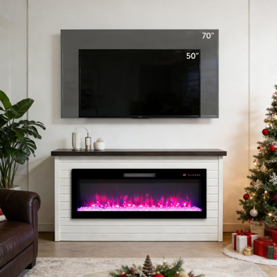  Foyer électrique 65 po avec manteau de cheminée, foyer encastrable remplaçable, foyer blanc avec flamme réglable, minuterie, télécommande, protection contre la surchauffe, manteau mural Shiplap pour le salon