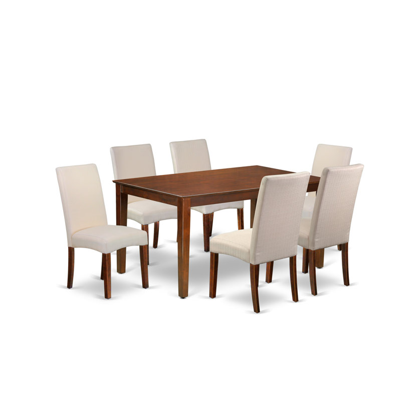 Ensemble de table de salle à manger 7 pièces composé d'une table de cuisine rectangulaire et de 6 chaises de salle à manger Parson en tissu crème, 36 x 60 pouces, acajou