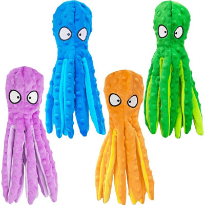 4 Pack Squeaky Dog Toys Crinkle Octopus Plush Chew Toys for Aggressive Chewers, Stuffing-Free Durable Interactive Pet Toys in 4 Assorted Colors