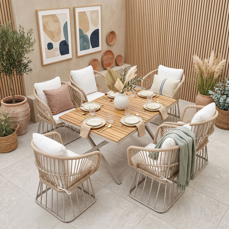 Ensemble de salle à manger 7 pièces pour l'extérieur avec table en bois et 6 fauteuils rembourrés, ensemble de salle à manger de patio avec structure en acier