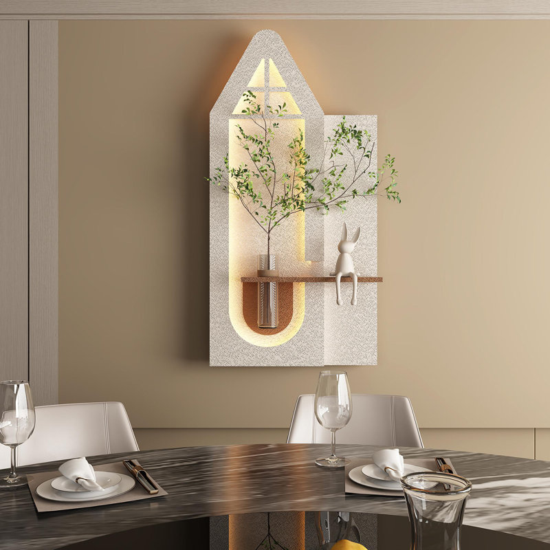 Décoration murale réglable en grès à 3 couleurs DEL avec plantes vertes simulées - sculpture d'art 3D, vase en verre et statue de lapin, bandes lumineuses télécommandées pour le salon, la chambre à coucher, le couloir