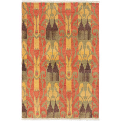 Tapis unique rose / jaune en laine noué à la main style bosses des années 2010 4 pi x 6 pi Quintasia
