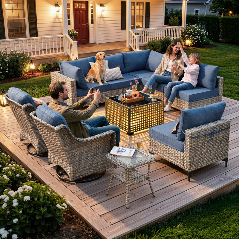 10- Piece Outdoor Patio Furniture Set, All - Weather Wicker Swivel Chairs with Thick Padded Cushions, Sectional Sofa, Coffee Table & Side Table for Garden, Backyard & Patio