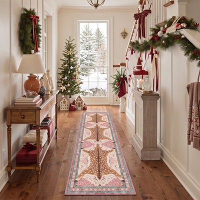 Tapis de chambre lavable à poils courts, motif d'animaux de Noël rose et brun, avec silhouette de cerf et flocons de neige