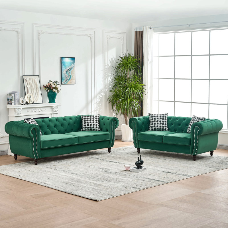 Canapé en tissu d'ameublement en velours avec accoudoirs roulés et têtes de clou à 3 places et 2 places Chesterfield