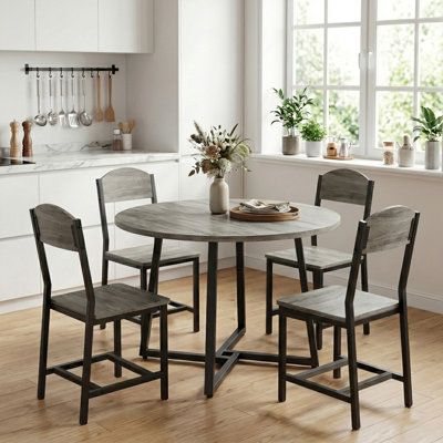 Ensemble de table de salle à manger industrielle 5 pièces, table de cuisine ronde en bois de 43 po avec base en métal en forme de X et 6 chaises de salle à manger robustes
